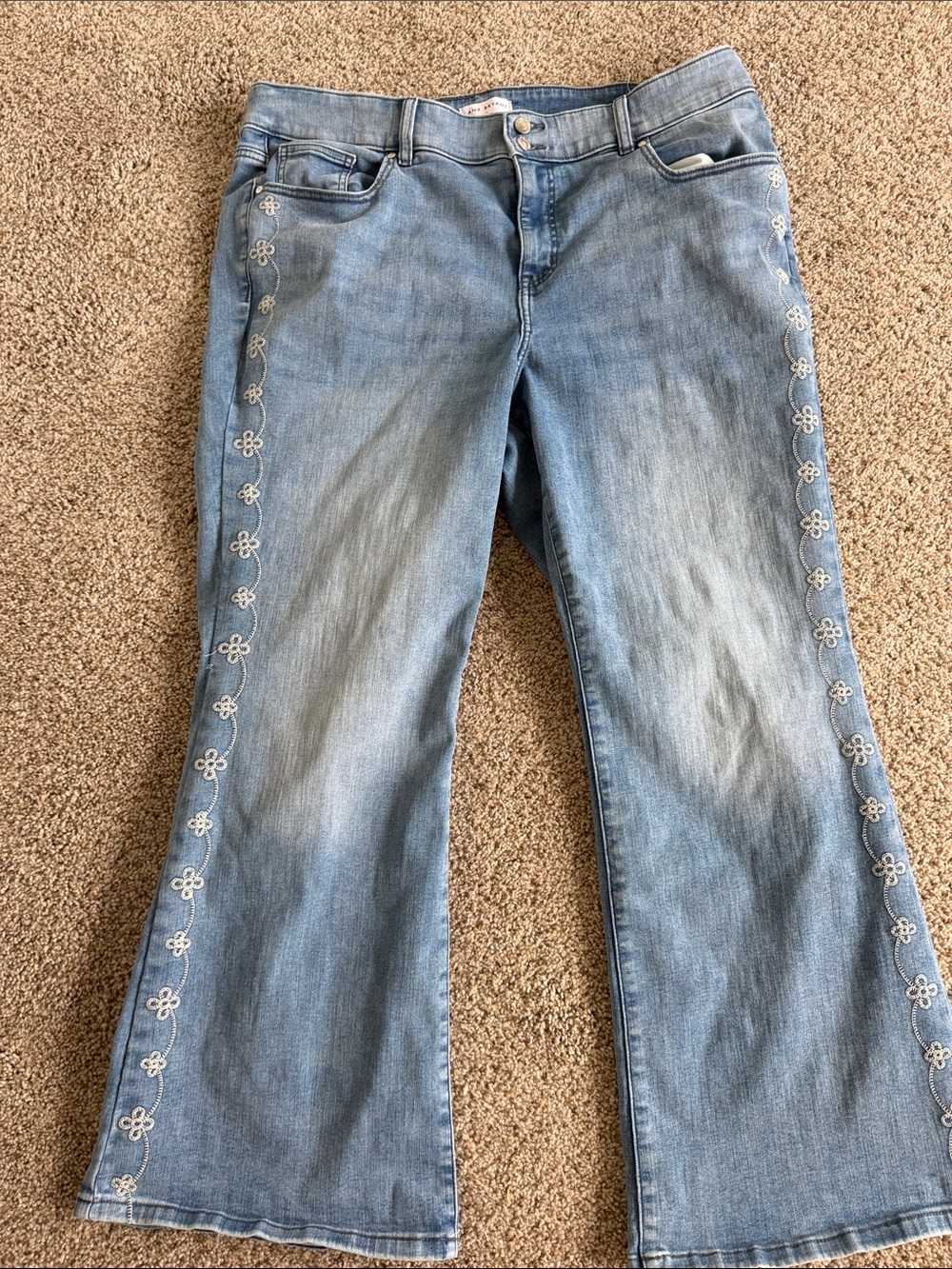 Lane Bryant Light Blue Flare Jeans with White Side Floral Trim